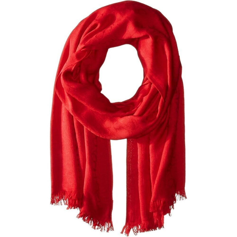 Women's Red Lightweight Pashmina Christmas Scarf Tonal Logo Pattern shawl